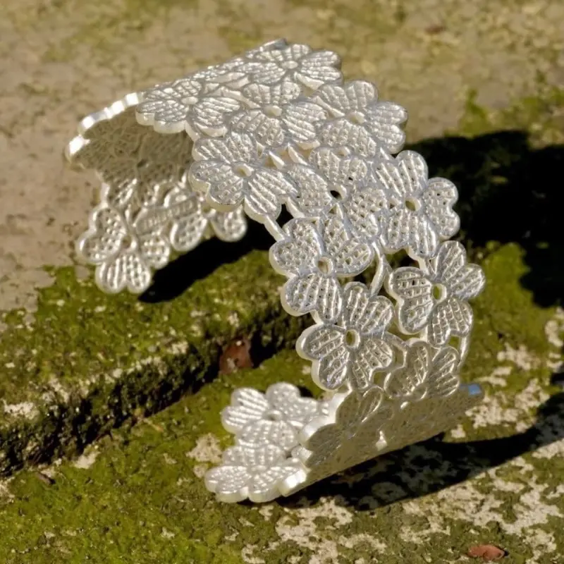 Three-Leaf Embroidered Lace Hollow Silver Flower Wide Bracelet Adjustable