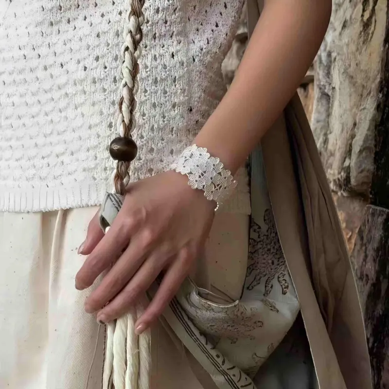 Three-Leaf Embroidered Lace Hollow Silver Flower Wide Bracelet Adjustable