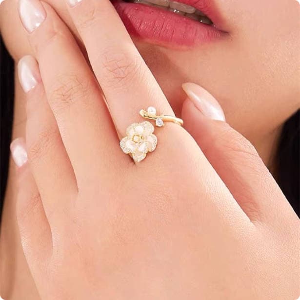 Golden Camellia Series Romantic Flower Ring White Drop Oil Elegant Open Ring